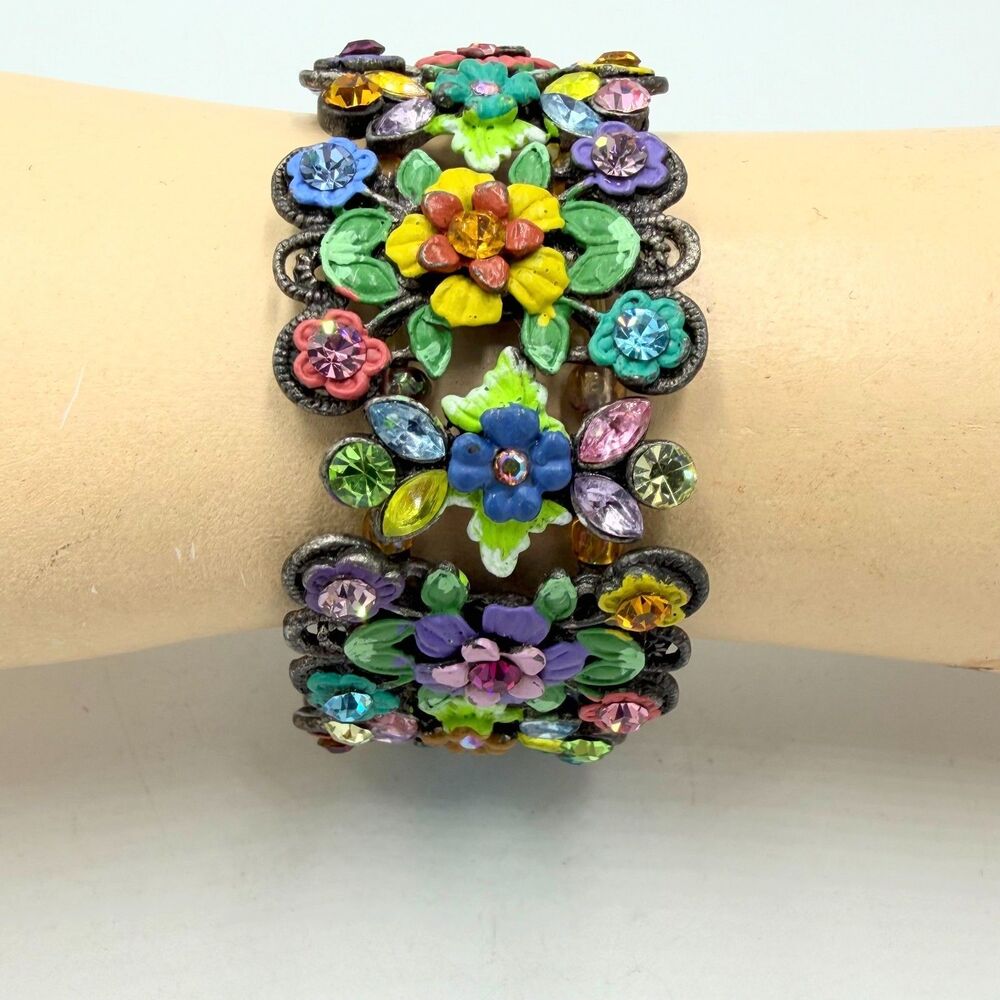 Michal Negrin Floral Rhinestone Bracelet Painted Colorful Stretch Cuff Y2K